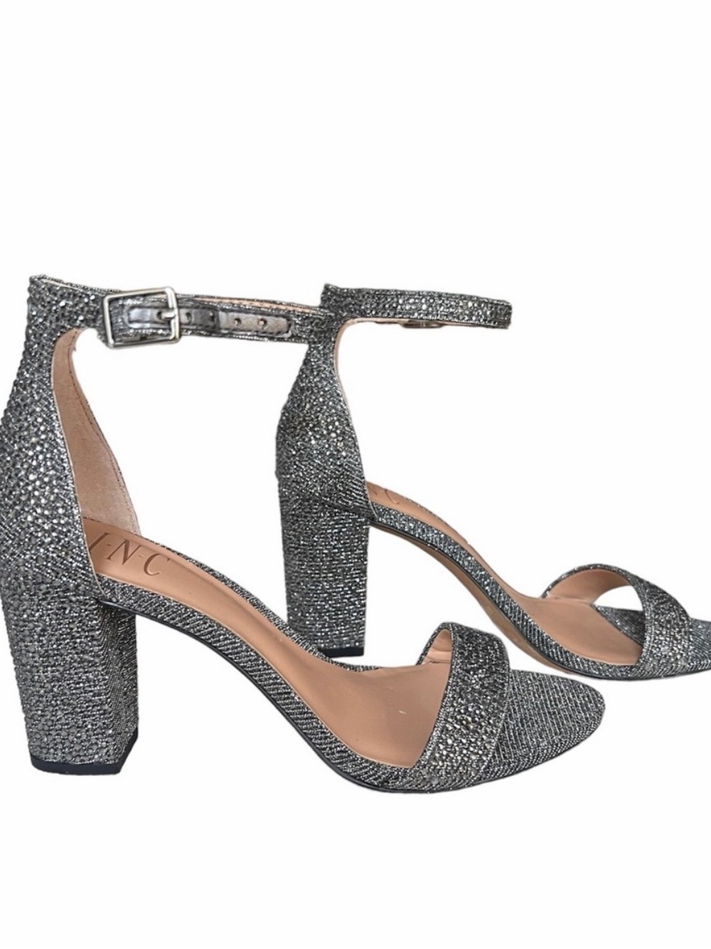 INC International Concepts Kivah Pewter Gray Sparkly
Block Heel Sandals Size 8